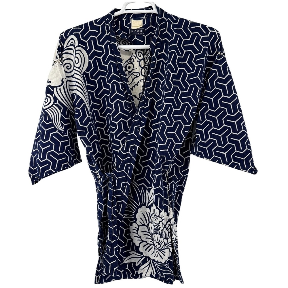 Japanese Kimono Style Top Womens Blue White Dragon Print Wrap Tie Waist Asian